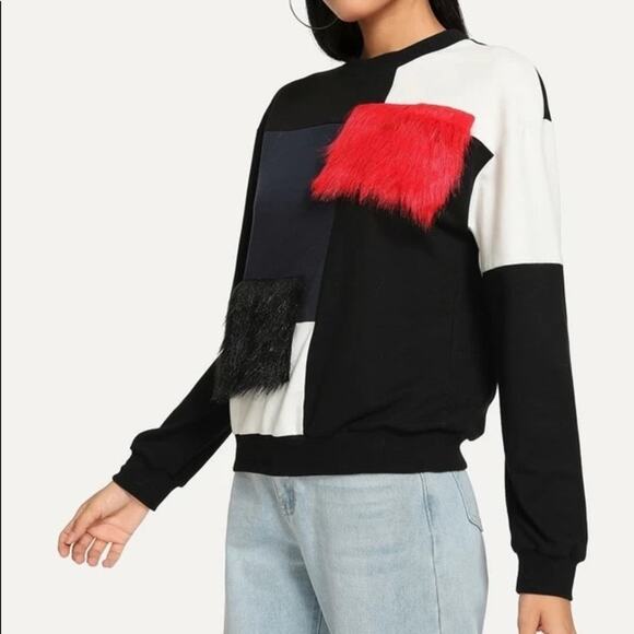 SHEIN Cut and Sew Sweatshirt Faux Fur Black Red Colorblock Size Small - Picture 9 of 9